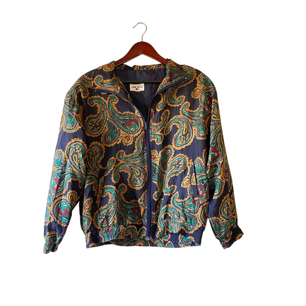 Vintage 80s Silk‎ Navy Paisley Print Zip Up Bomber Jacket Women's XL
